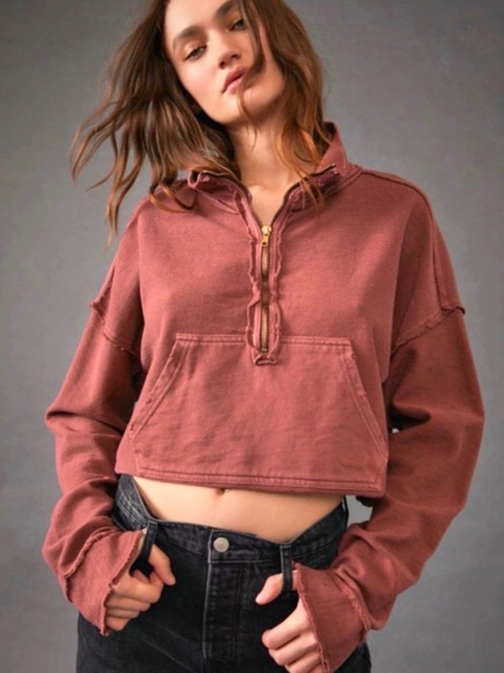 Free People Kitty Pullover Cropped Distressed Hoodie Rust L